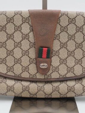 Gucci Beige Brown GG Canvas Clutch with Green-Red Web